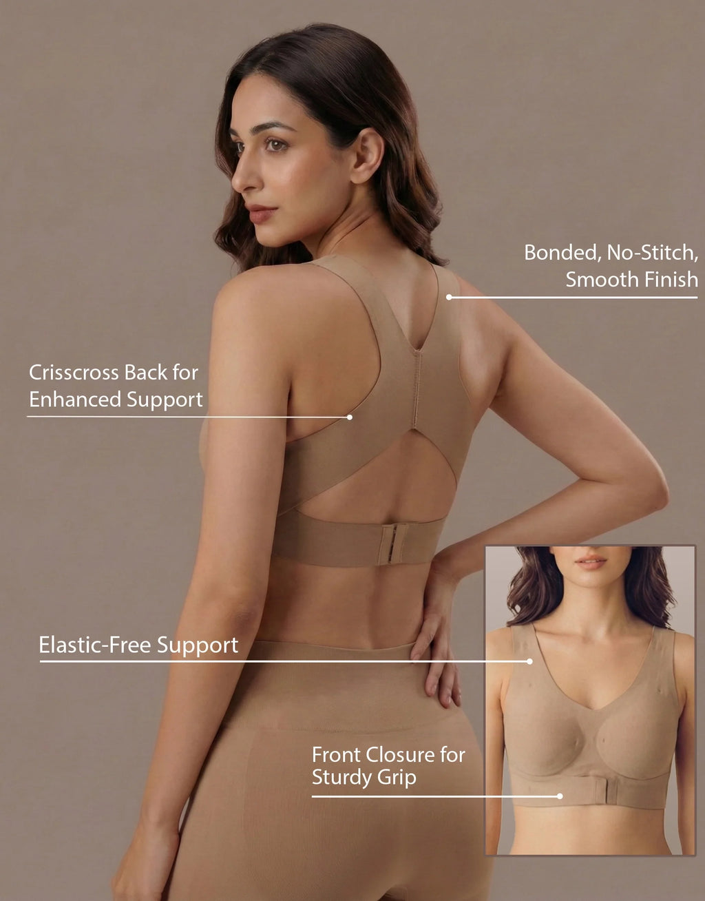 Bonded Gym Bra with Crisscross Back | Padded | Breathable Cotton (TW-SB-997)(Fawn)
