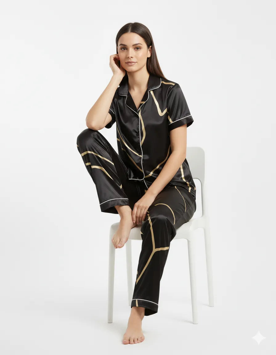 Arolisa Silky Satin Sleep Set – Short-Sleeve Shirt & Pyjama
