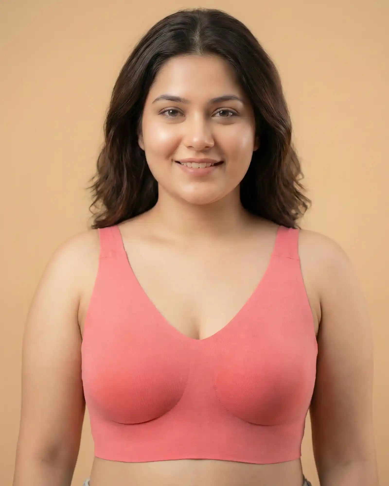 Cotton Non-Padded Plus-Size Bonded Bra with Hidden Concealer (SB-915-Coral)