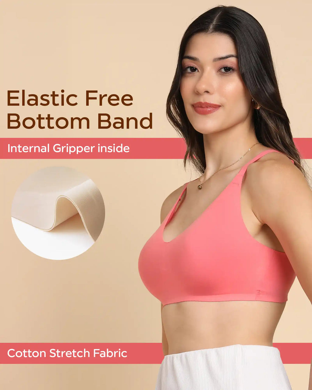 Swanz  Bonded Breathable Cotton Non-Padded Full-Coverage Bra with Hidden Concealer (SB-935-Coral)
