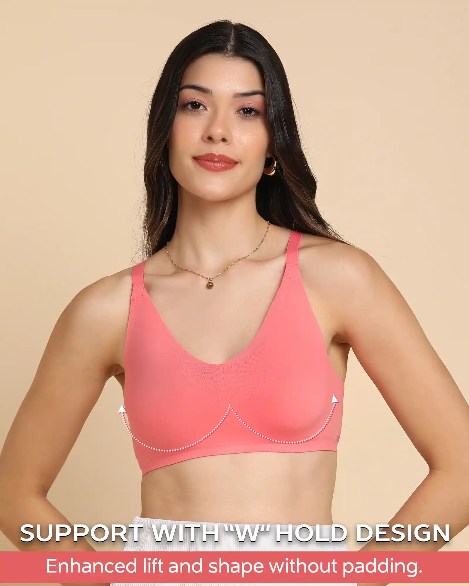 Swanz  Bonded Breathable Cotton Non-Padded Full-Coverage Bra with Hidden Concealer (SB-935-Coral)