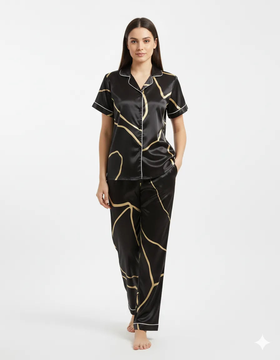 Arolisa Silky Satin Sleep Set – Short-Sleeve Shirt & Pyjama