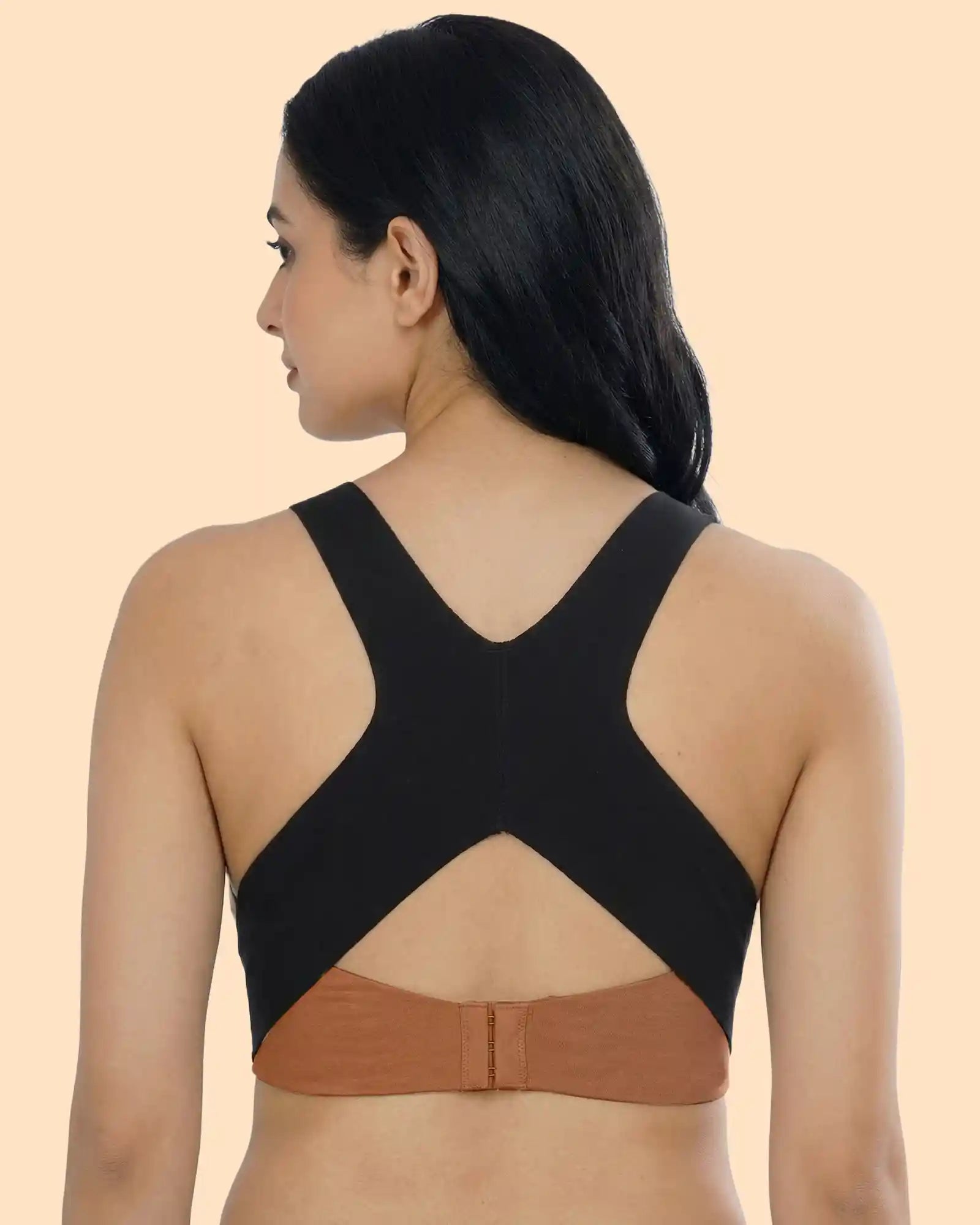 Bonded Gym Bra with Crisscross Back | Padded | Breathable Cotton (TW-SB-9977-FWN+BLK)