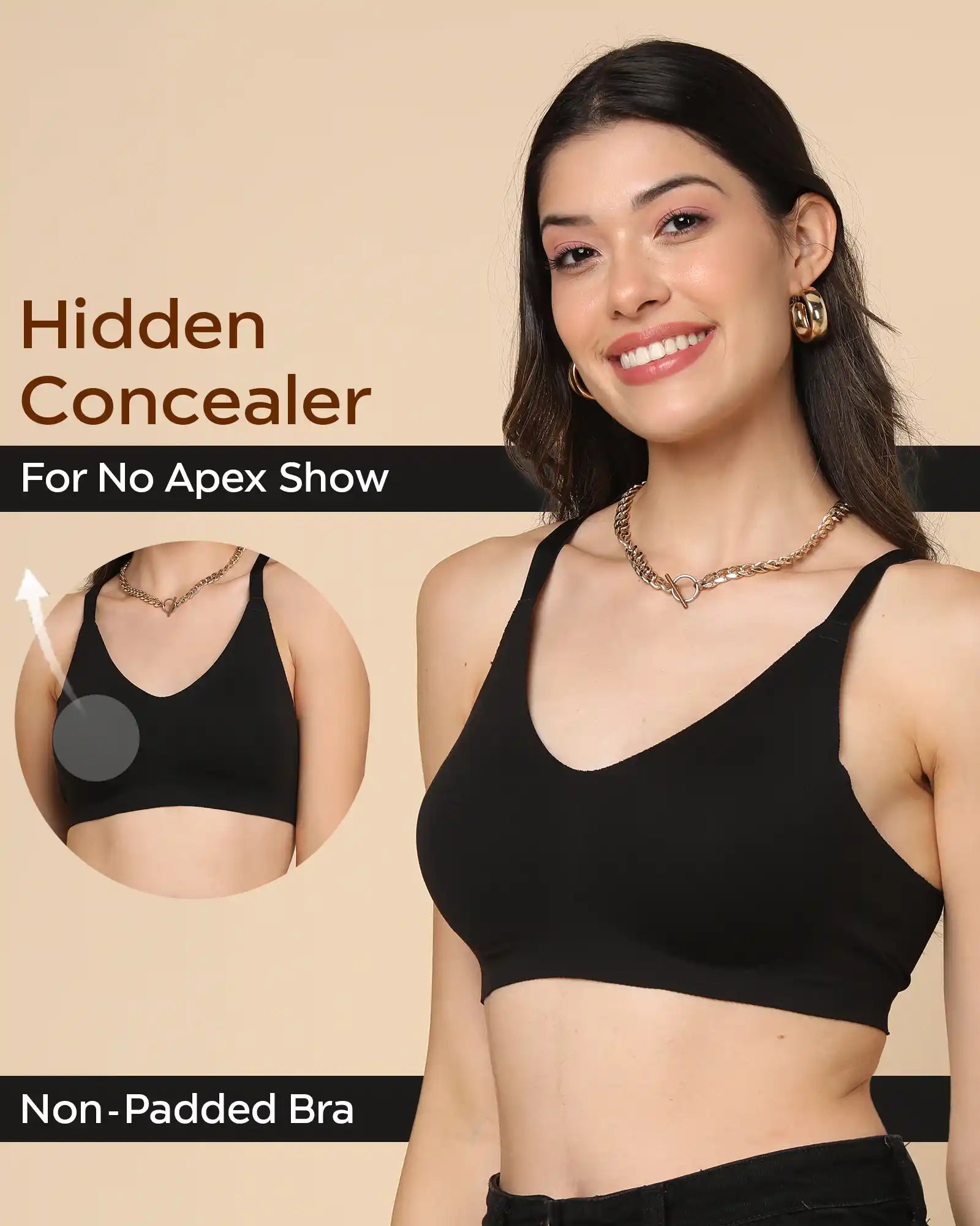Swanz  Bonded Breathable Cotton Non-Padded Full-Coverage Bra with Hidden Concealer (SB-935-Black)