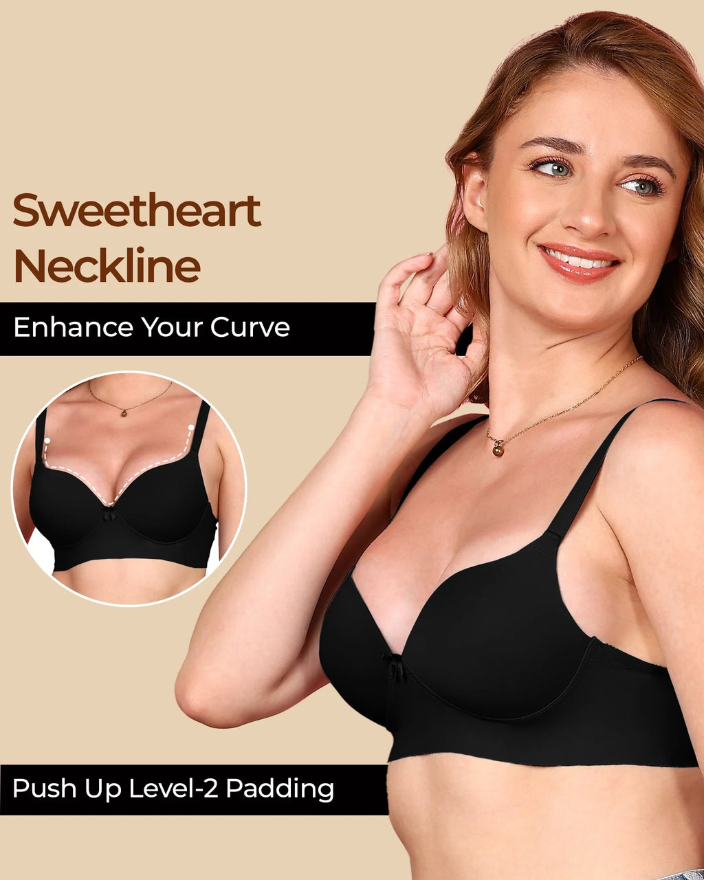 Swanz  Bonded Polyamide Push-Up 3/4 Coverage Maximiser Bra (Level 2 Padding) (SB-95107) (Black)