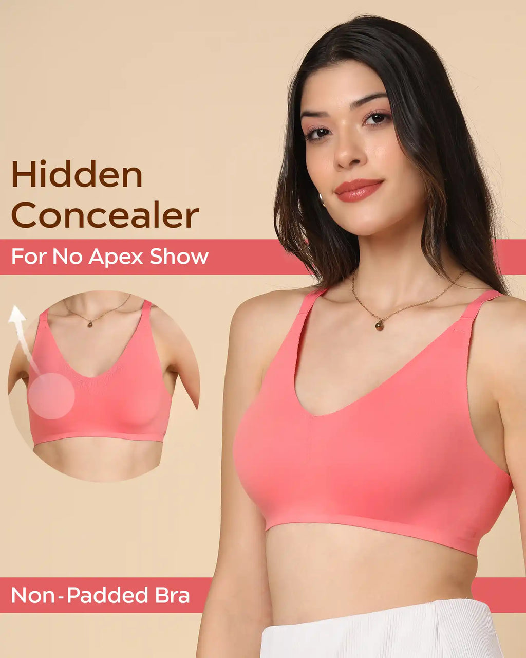 Swanz  Bonded Breathable Cotton Non-Padded Full-Coverage Bra with Hidden Concealer (SB-935-Coral)