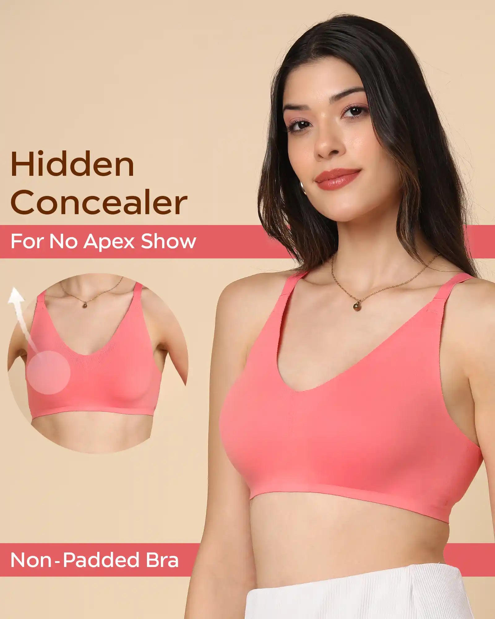 Swanz  Bonded Breathable Cotton Non-Padded Full-Coverage Bra with Hidden Concealer (SB-935-Coral)