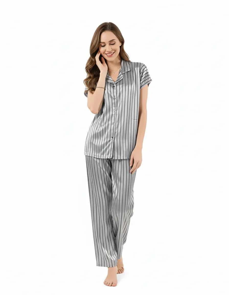 Arolisa Silky Satin Sleep Set – Short-Sleeve Shirt & Pyjama