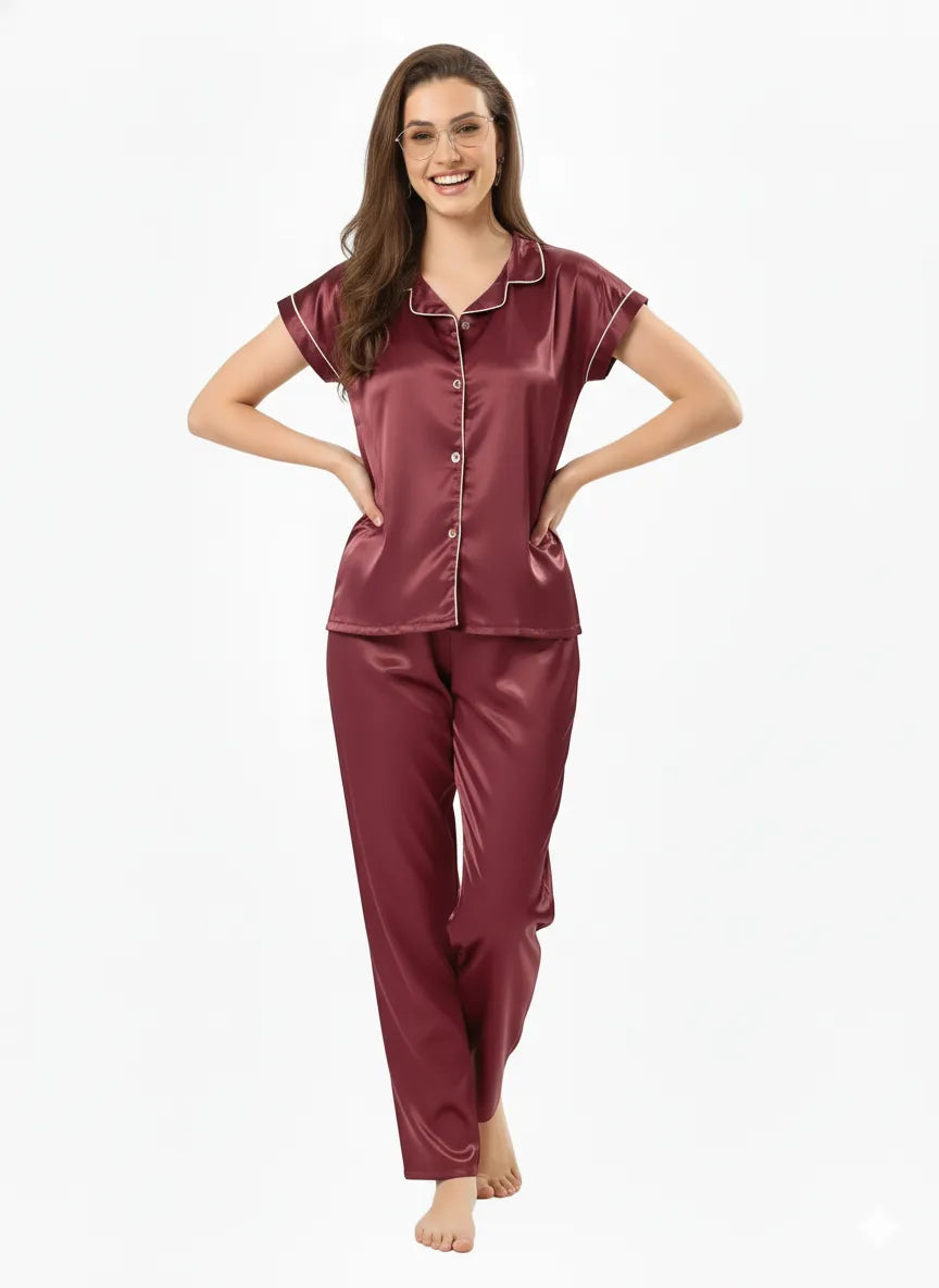 Arolisa Silky Satin Sleep Set – Short-Sleeve Shirt & Pyjama