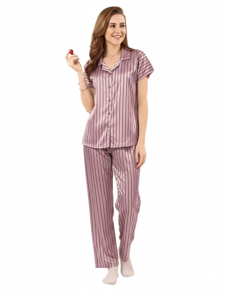 Arolisa Silky Satin Sleep Set – Short-Sleeve Shirt & Pyjama