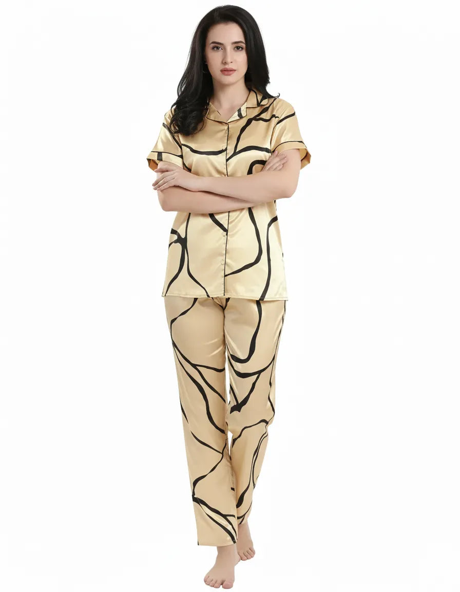 Arolisa Silky Satin Sleep Set – Short-Sleeve Shirt & Pyjama