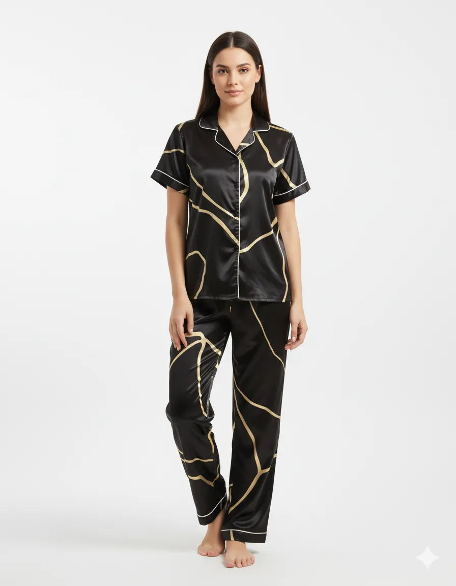 Arolisa Silky Satin Sleep Set – Short-Sleeve Shirt & Pyjama