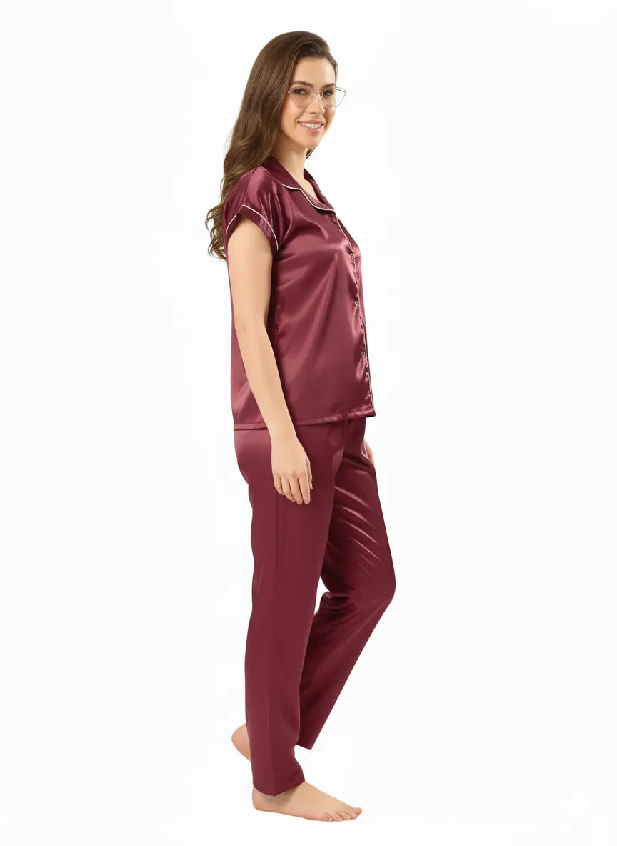Arolisa Silky Satin Sleep Set – Short-Sleeve Shirt & Pyjama