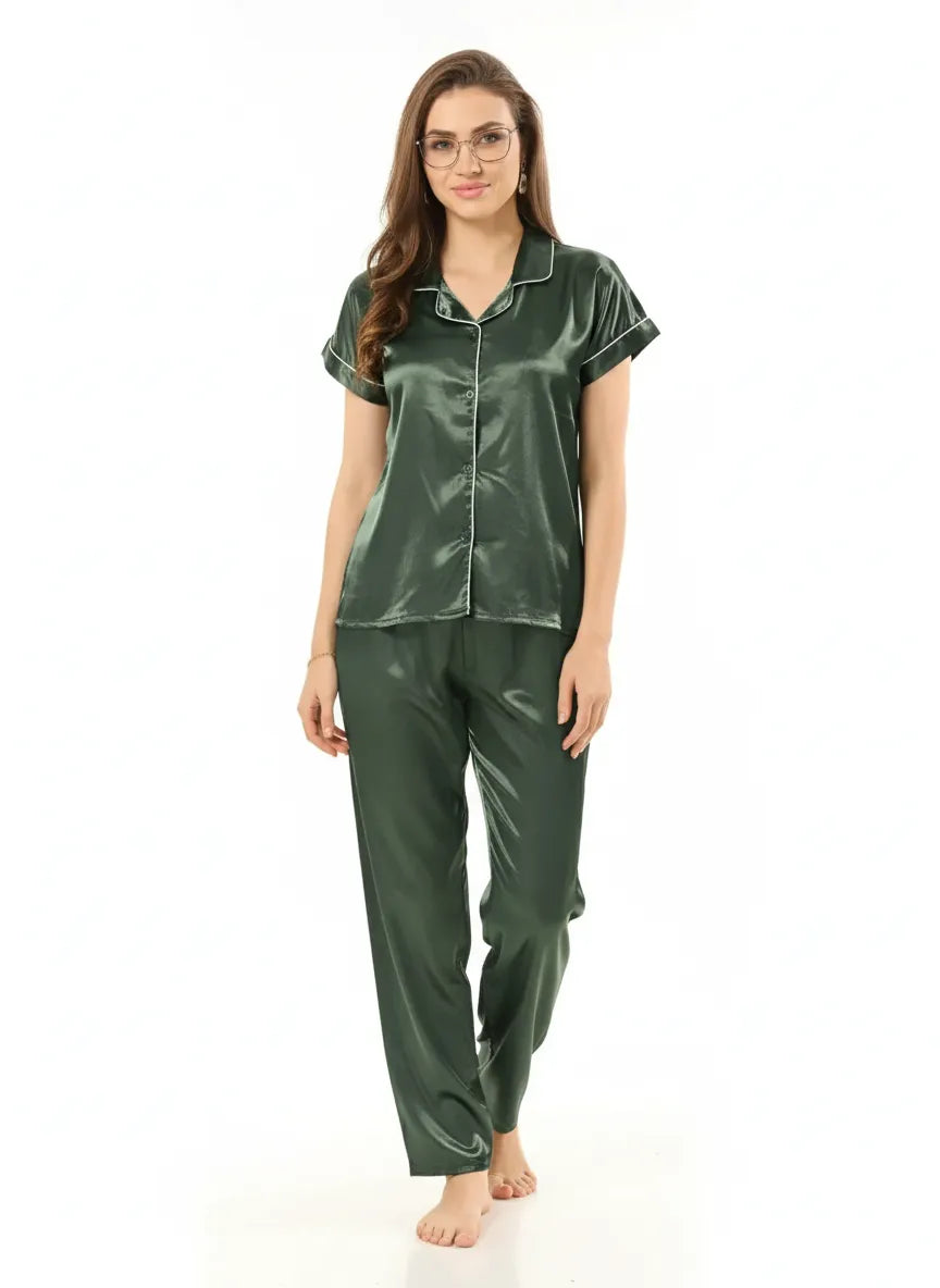 Arolisa Silky Satin Sleep Set – Short-Sleeve Shirt & Pyjama