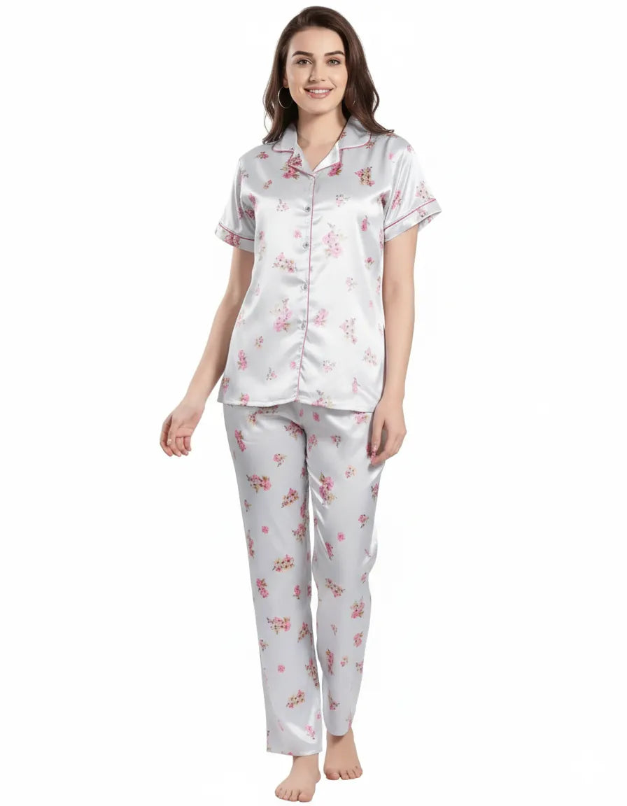 Arolisa Silky Satin Sleep Set – Short-Sleeve Shirt & Pyjama