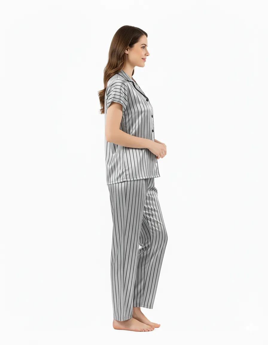 Arolisa Silky Satin Sleep Set – Short-Sleeve Shirt & Pyjama