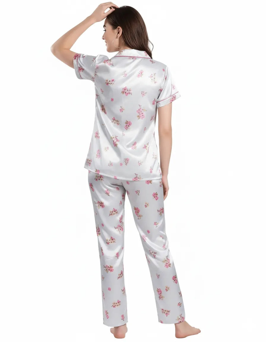 Arolisa Silky Satin Sleep Set – Short-Sleeve Shirt & Pyjama