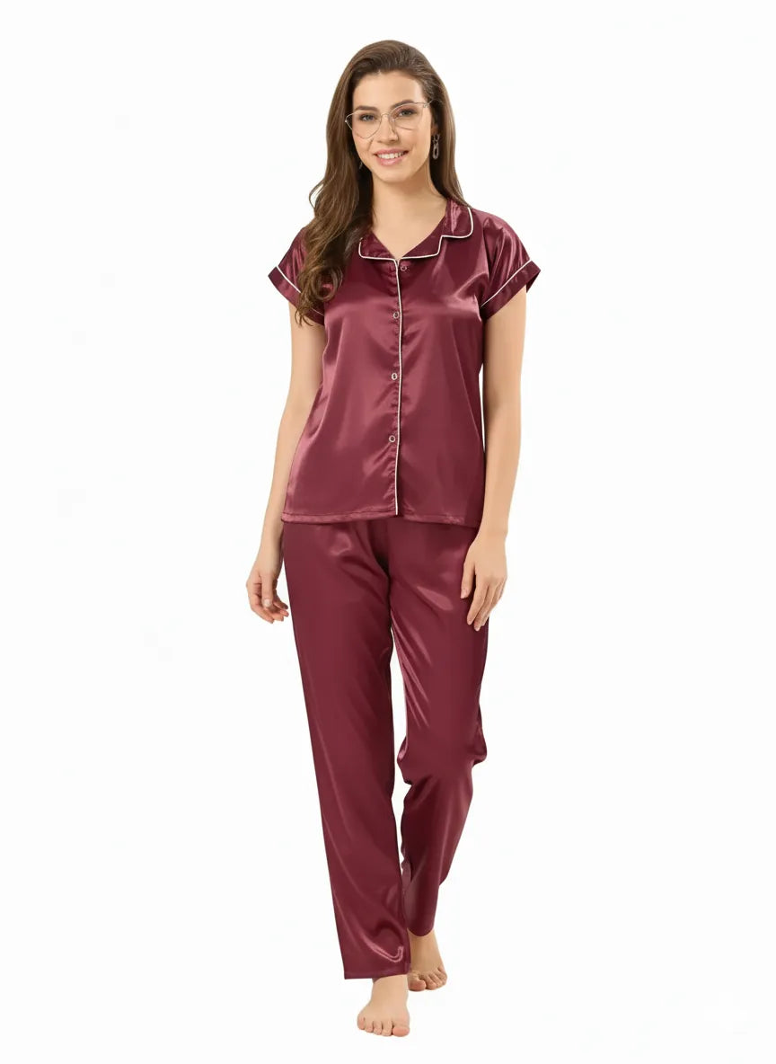 Arolisa Silky Satin Sleep Set – Short-Sleeve Shirt & Pyjama