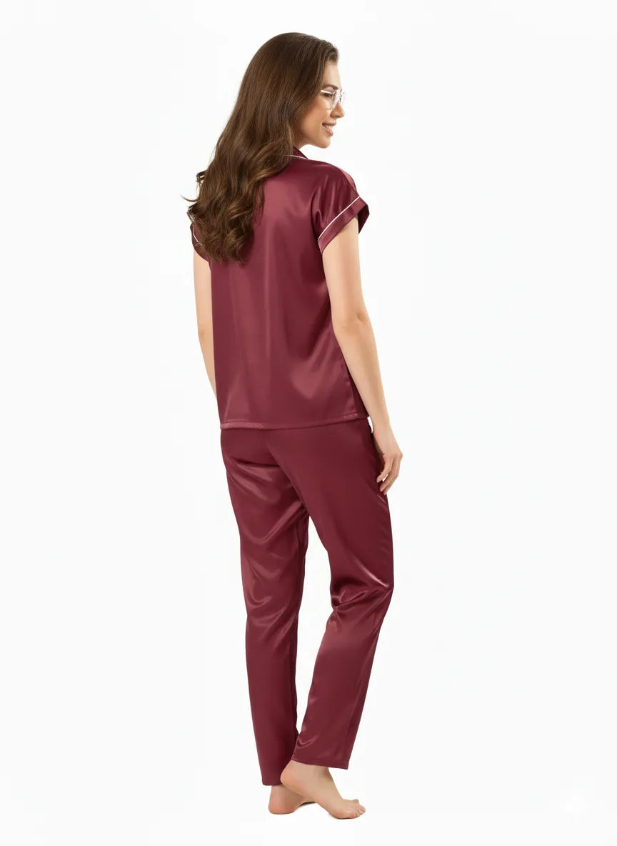 Arolisa Silky Satin Sleep Set – Short-Sleeve Shirt & Pyjama