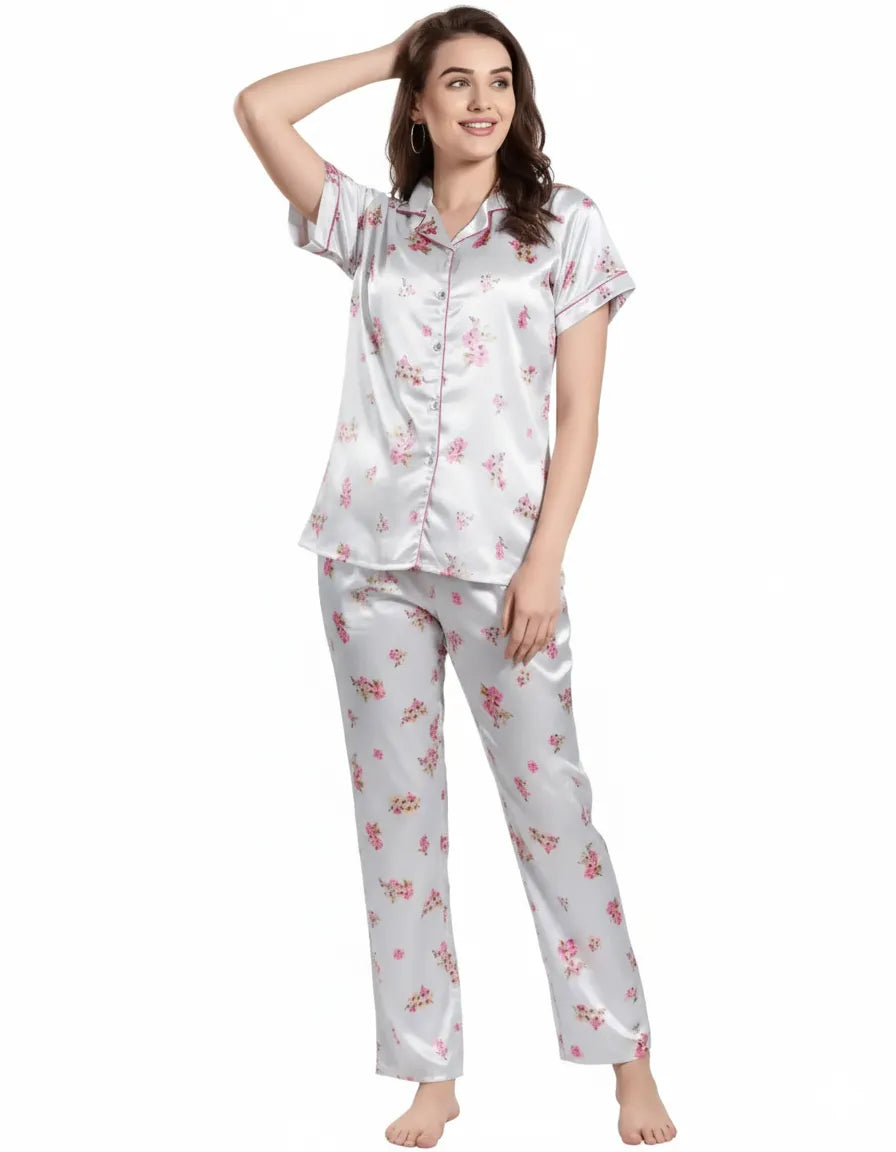 Arolisa Silky Satin Sleep Set – Short-Sleeve Shirt & Pyjama