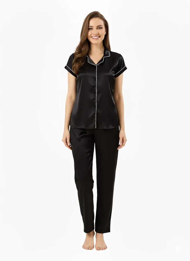 Arolisa Silky Satin Sleep Set – Short-Sleeve Shirt & Pyjama