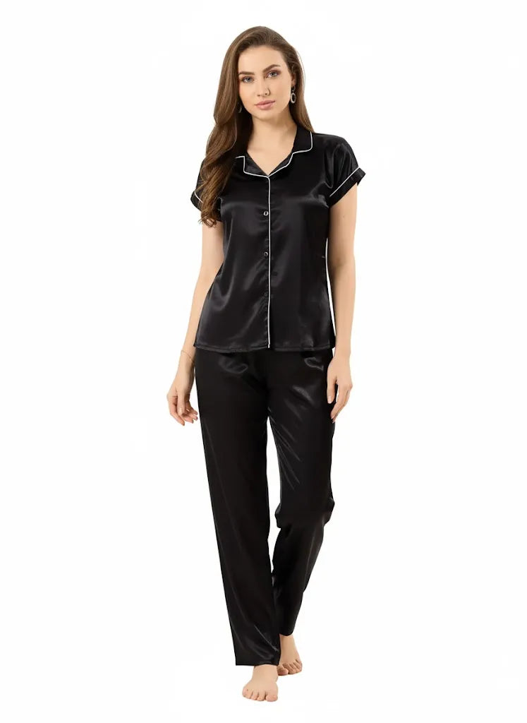 Arolisa Silky Satin Sleep Set – Short-Sleeve Shirt & Pyjama
